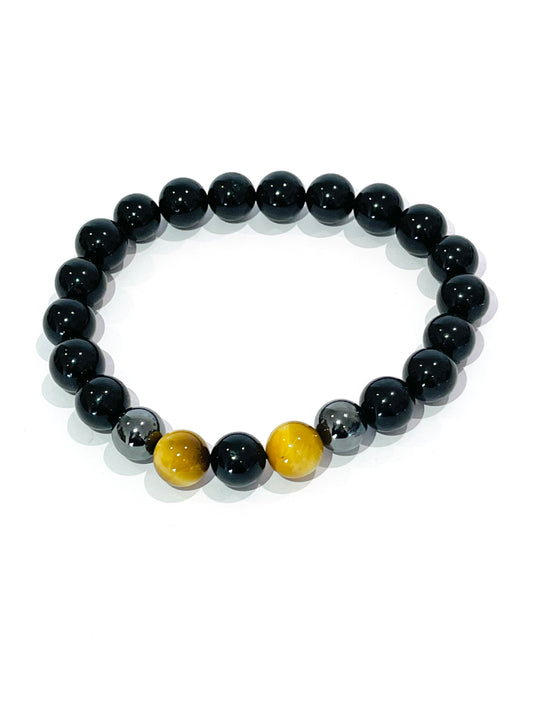 Black Tourmaline, Gold Tigers Eye, Hemetite 22 Bead Bracelet